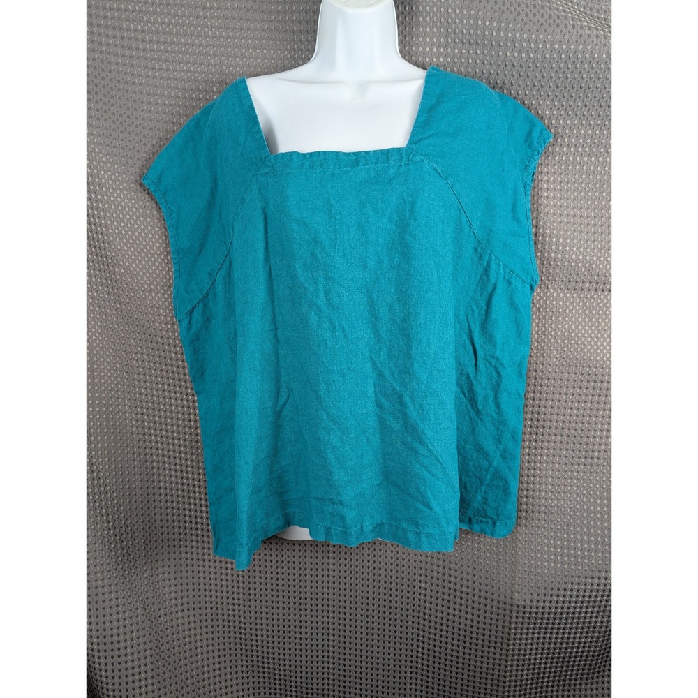 Flax Designs Teal 100% Linen Boxy Top Square Neck Cap Sleeve Women 1G Lithuania